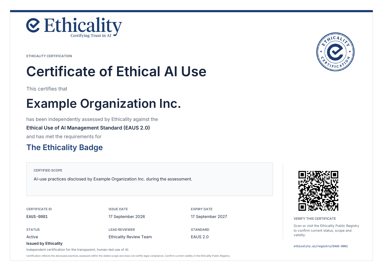 Example Ethicality certificate of Ethical AI Use